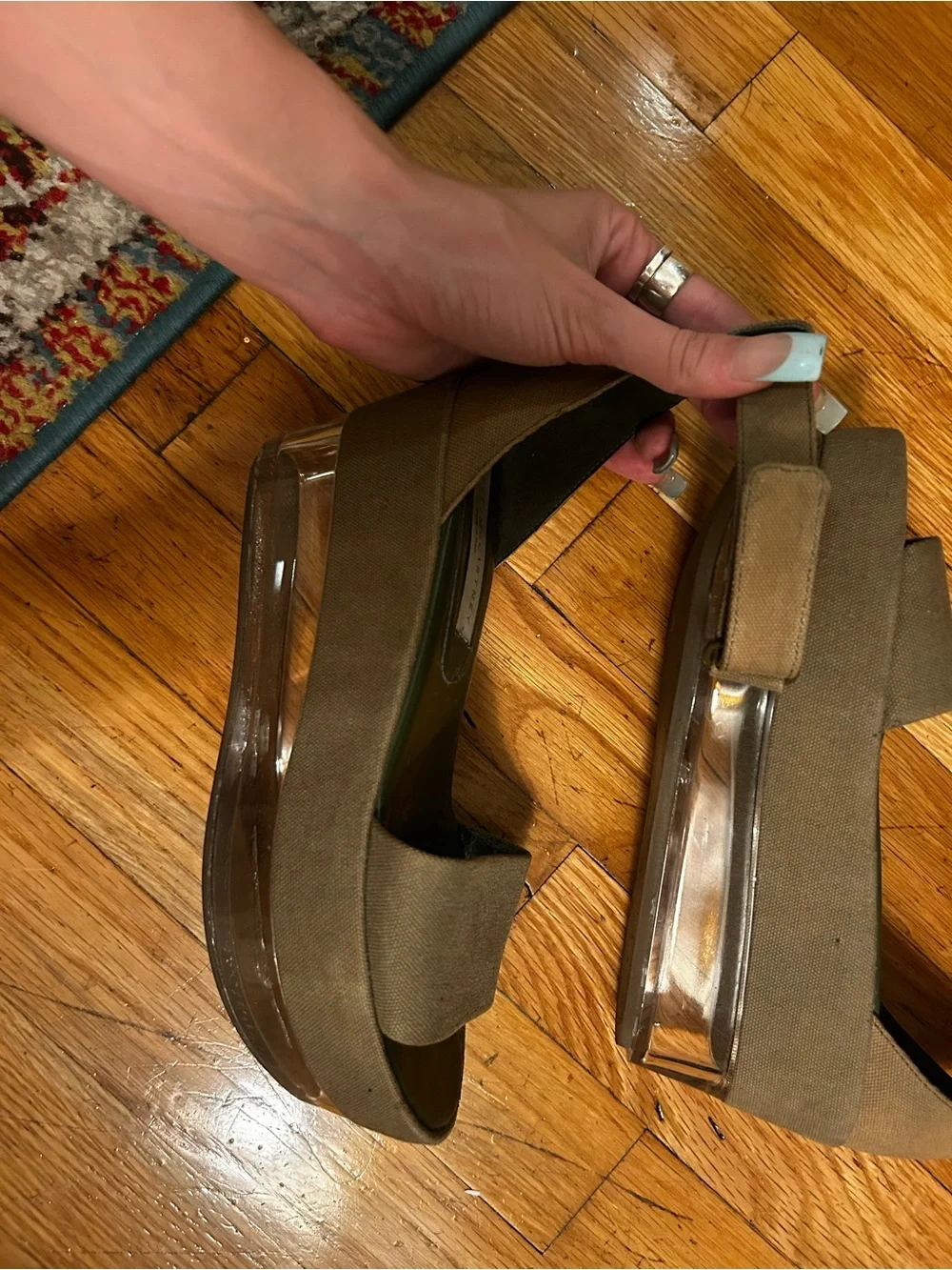 Stella McCartney Olive Canvas Platform Sandals with Clear Wedge